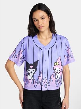 (440)My Melody and Kuromi Women’s Graphic Cropped Baseball Jersey,